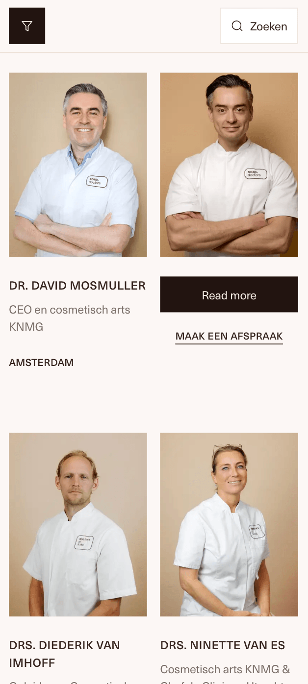 Soap Experts Team overview on the Soap Doctors website, featuring portraits of cosmetic physicians including Dr. David Mosmuller, with buttons to read more or book an appointment.