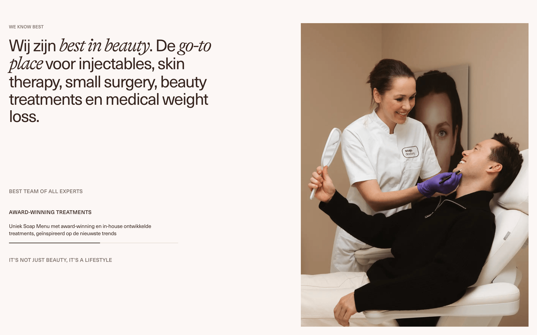 Soap USPs Promotional panel for Soap clinic featuring text about beauty treatments and a photo of a practitioner consulting a male client in a treatment chair.