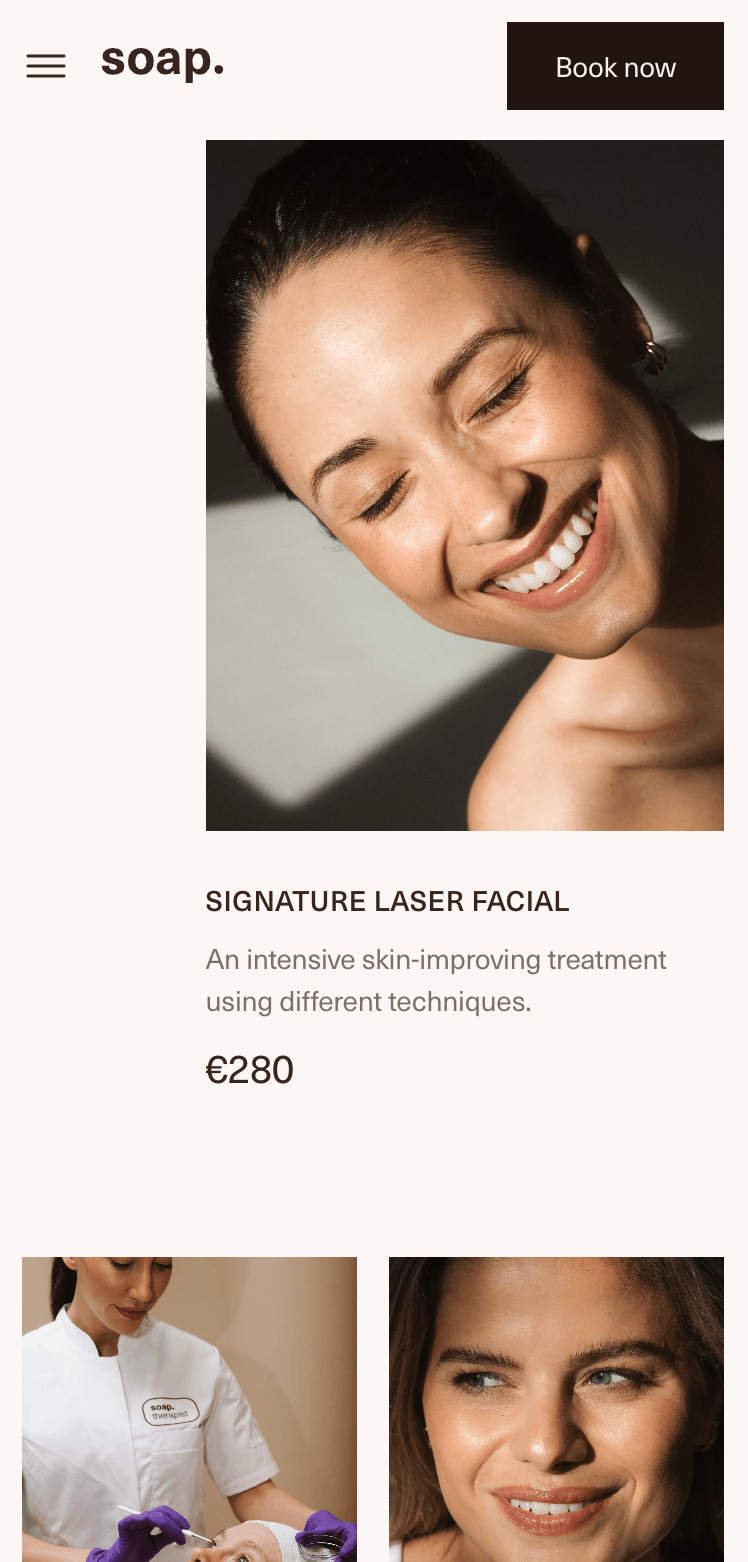 Soap Treatment grid A grid showcasing different treatments that are available to book