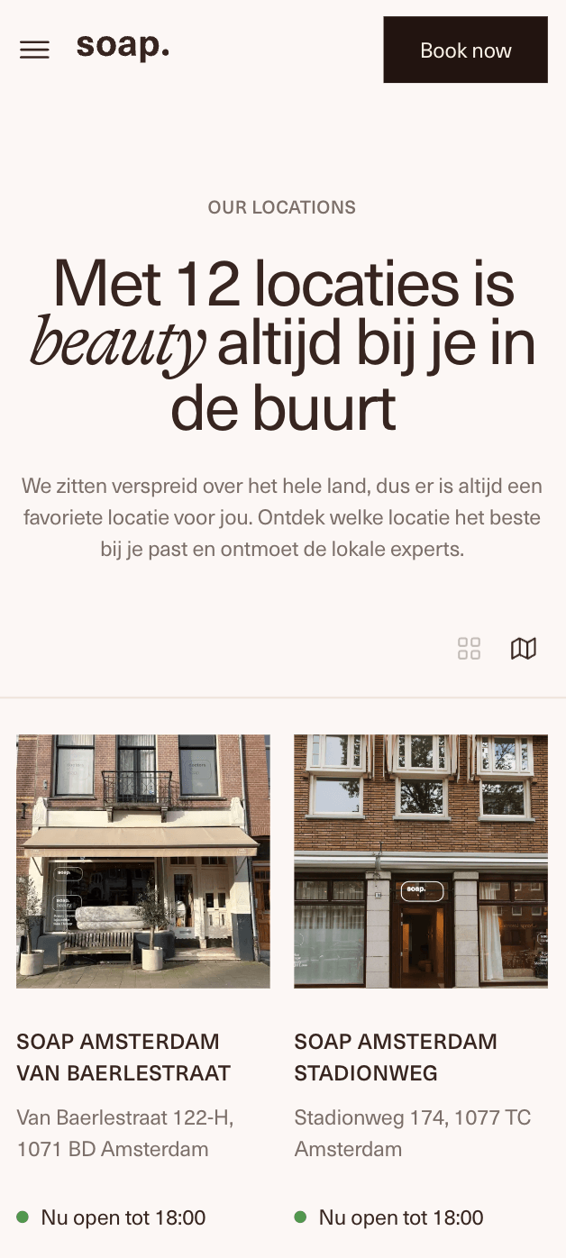 Soap Locations Soap locations overview page with text about having 12 locations and photos of the Amsterdam clinics at Van Baerlestraat and Stadionweg.