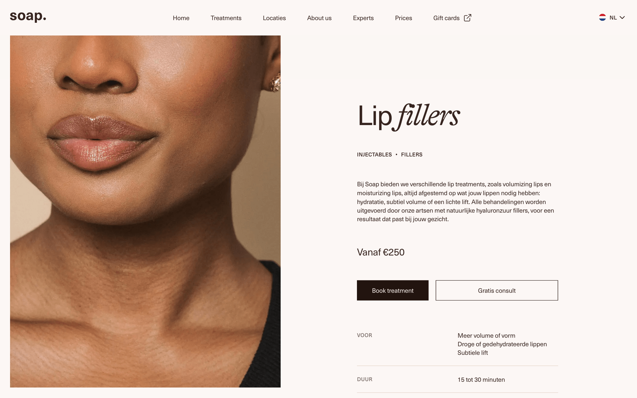 Soap Treatment Lip fillers webpage by Soap featuring a close-up of a woman’s lips and lower face on the left. On the right, information about lip filler treatments, pricing starting at €250, and buttons to book a treatment or request a free consultation.