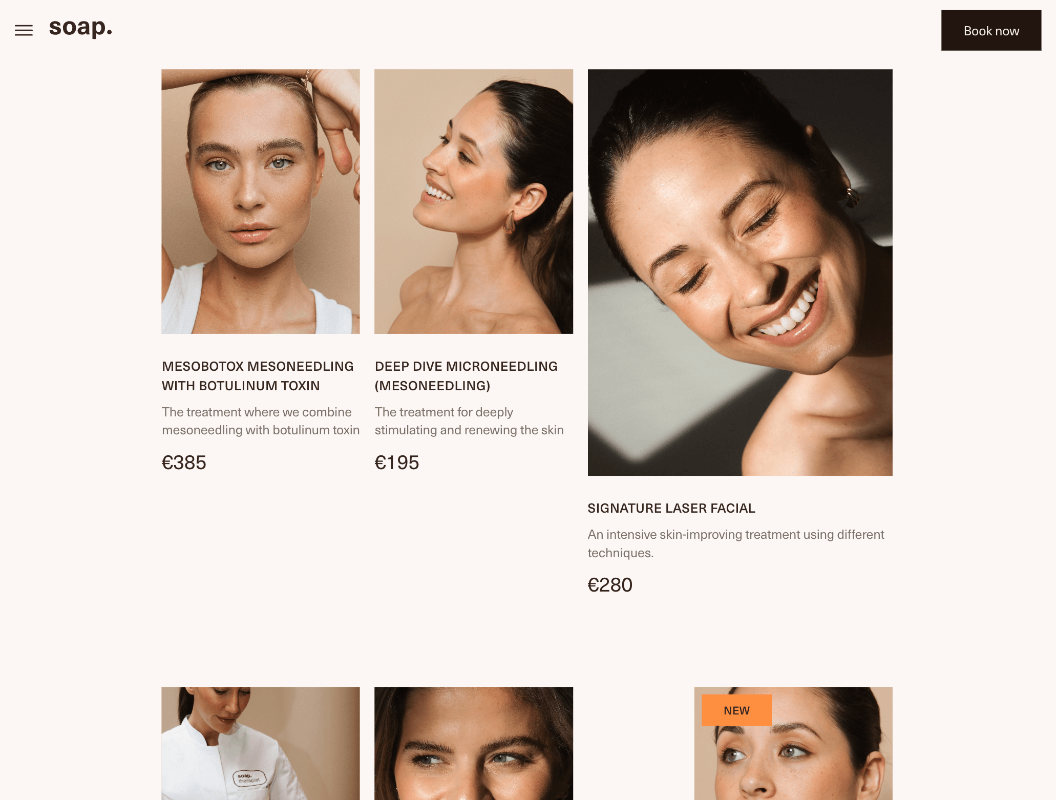 Soap Treatment grid A grid showcasing different treatments that are available to book